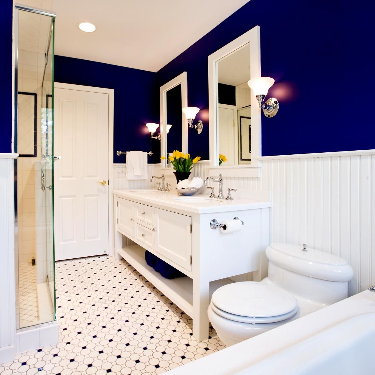 Eclectic Blue And White Bathroom